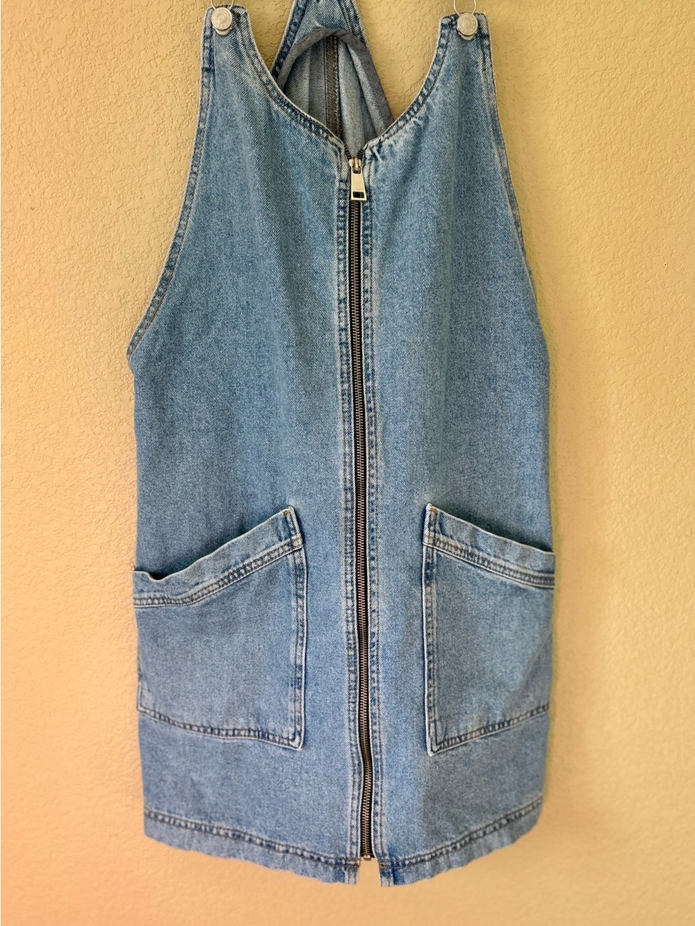 Top Shop Denim Zip-Front Pinafore Mini Dress in Medium Blue Size 10L - Picture 4 of 10